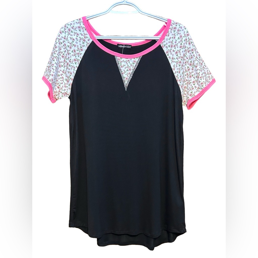 NWT Heimish Black Top with Pink Floral Print Short Sleeves size small
